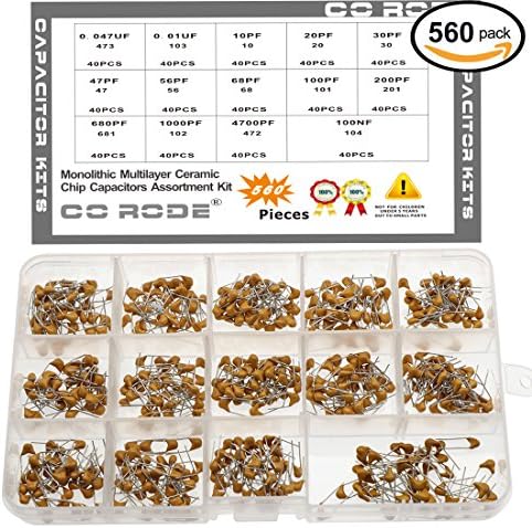 Ceramic Capacitor Kit, CO RODE 10pF-100nF 14Values DIP Monolithic Multilayer Ceramic Chip Capacitors Assortment Kit, 560-Pack