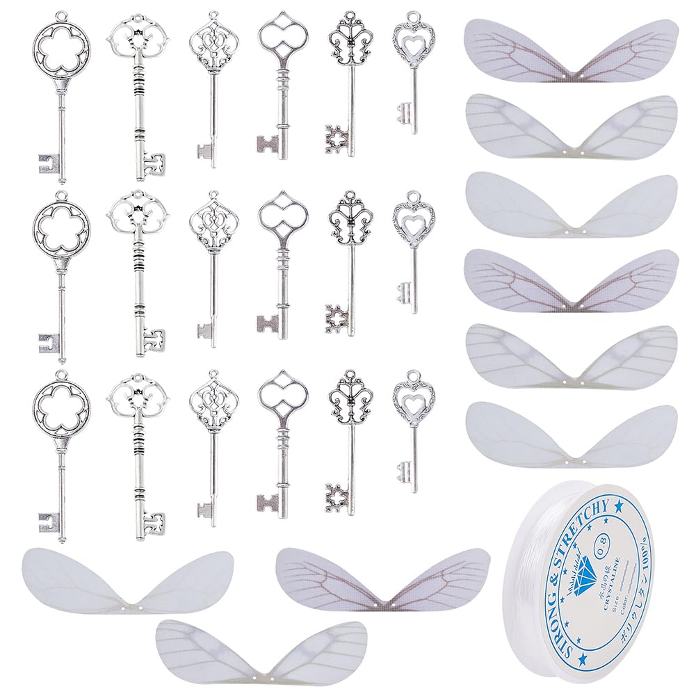 SUNNYCLUE 61Pcs Skeleton Flying Keys Charms Tibetan Silver Enchanted Key Pendants with Dragonfly Wings Charm 11.48 Yards Elastic Crystal String for DIY Art Craft Jewelry Making Necklace Crafts