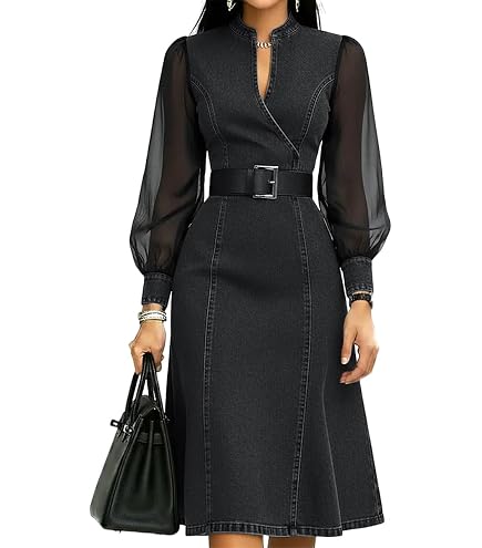is a denim dress business casual VERWIN Two Pieces with Jackets Midi Dress Button Down Party Long Sleeve Shirt Dress Outfits M Black at Amazon Women's Clothing store 再入荷 Sexy Season Reformation Holiday Size:Petite (55cm)