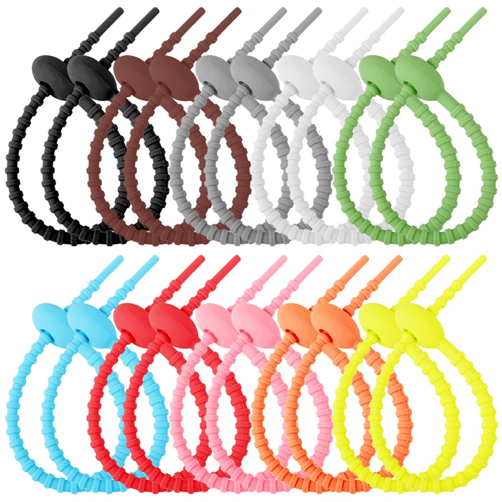 VIKKI 20 PCS Silicone Cable Ties, Colorful Reusable Silicone Twist Snake Ties, Cable Straps, Bread Tie, Bag Seal Clips, Elastic Straps, All-Purpose Silicone Ties for Family Office