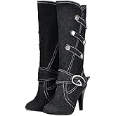 Uniquelly Womens Denim Knee High Boots Stiletto High Heel Mid Calf Slip On Round Toe Classic Retro Winter Shoes