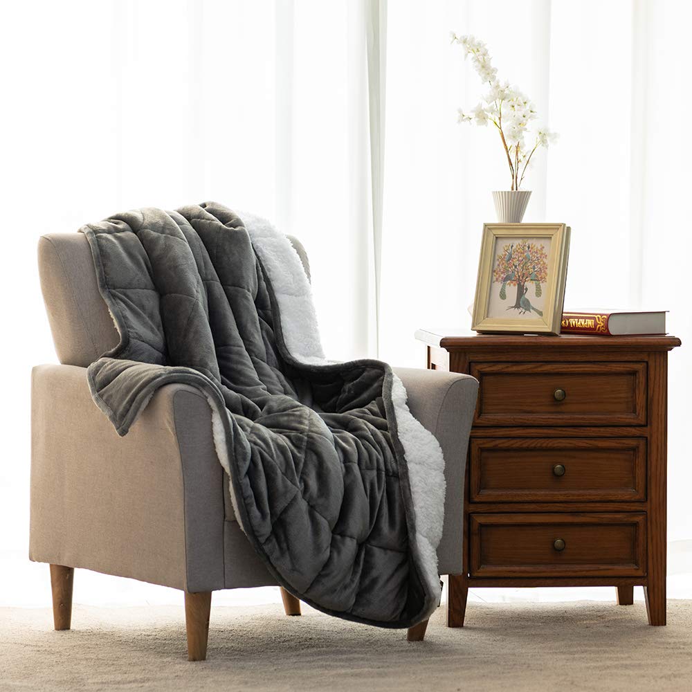 BUZIO Sherpa Fleece Weighted Blanket for Adult, 20 lbs Heavy Fuzzy Throw Blanket with Soft Plush Flannel, Dual Sided Queen Size Cozy Fluffy Blanket, 60 x 80 inches, Grey