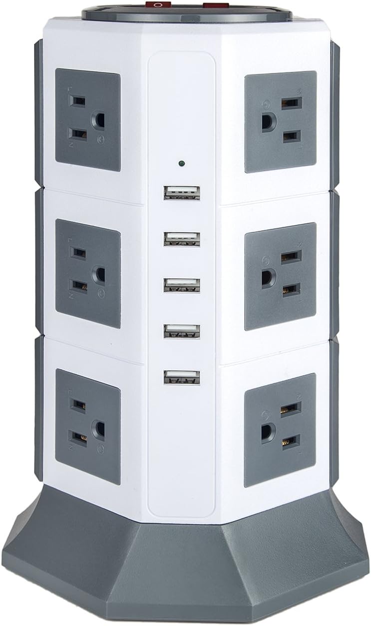 Surge Protector with USB Power Strip 12-outlets Oteck Advanced 5USB Ports Tower Extension Cord with Multiple Outlets 4.5A Max Output 6.5ft Cord?Grey