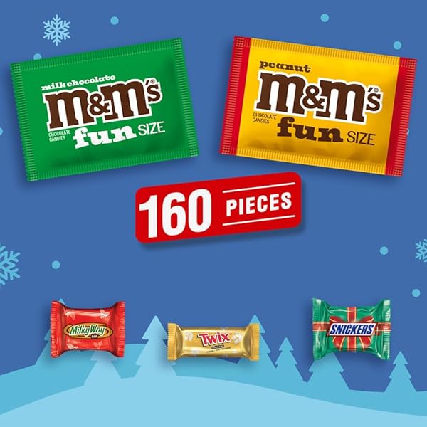 M&M’S MILK CHOCOLATE & PEANUT, SNICKERS, TWIX & MILKY WAY FUN SIZE MINI CHOCOLATE CANDY VARIETY PACK, CHRISTMAS CANDY INDIVIDUALLY WRAPPED STOCKING STUFFERS, 160-PIECE BULK BAG