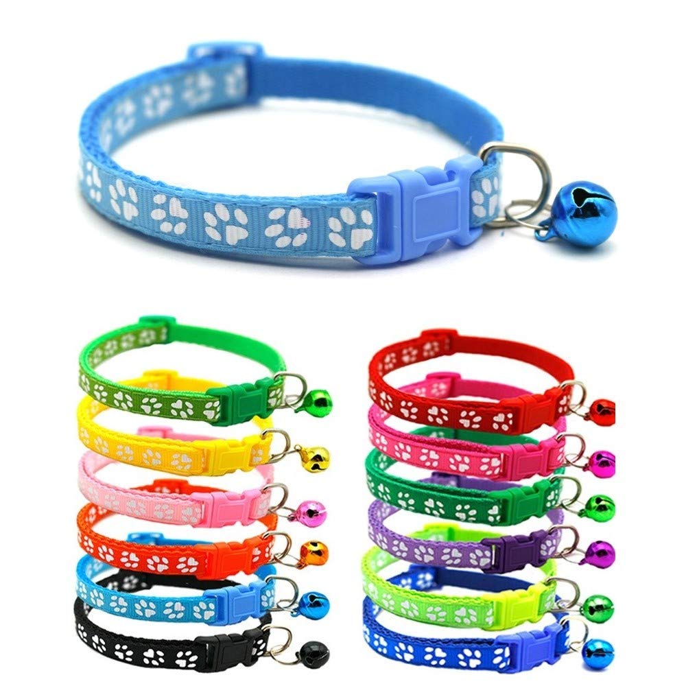 Small Dog Puppy Pet Collar Pawprint Design with Bell Nylon Adjustable Size 19-32cm Light Blue — image 1