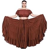 Wevez Women’s 40 Inch Cotton Full Circle Elastic Waist Tribal Fusion Belly Dance A Line Plus Size Maxi Skirt(Brown)