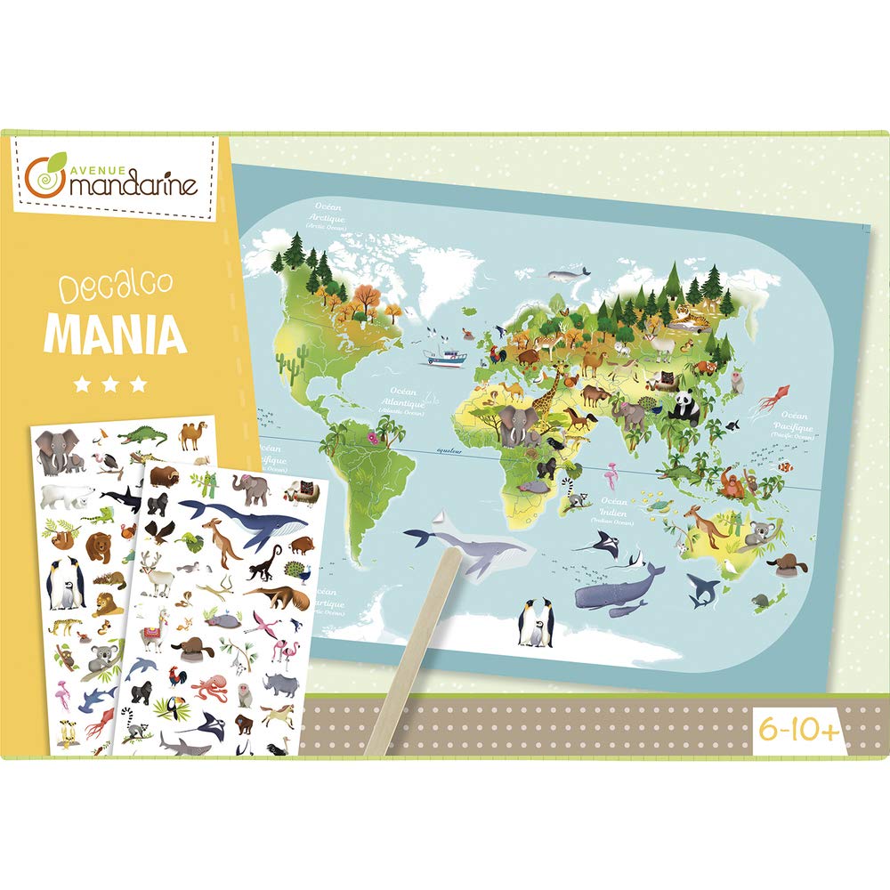 Avenue Mandarine - Ref KC042C - Décalco Mania Planisphere Box - 30 x 42cm Cardboard Backing, 2 Sheets of Animal Decals, Full Instructions Supplied, Suitable for Ages 6-10+