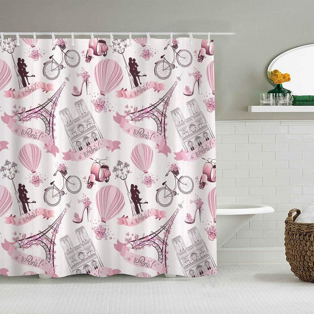 Eiffel Tower Travel in Paris Theme Honeymoon Flowers Romance Hot Air Balloon Bike Shower Curtain Decorative Bath Curtain Bathroom Accessories - Home Decor - Washable