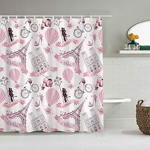Eiffel Tower Travel in Paris Theme Honeymoon Flowers Romance Hot Air Balloon Bike Shower Curtain Decorative Bath Curtain Bathroom Accessories - Home Decor - Washable