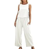 HYLLGUD Women's Summer 2 Piece Outfits Linen Sleeveless Crop Top Palazzo Wide Leg Pants Pockets Beach Lounge Set