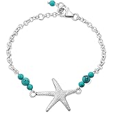 ADITA GOLD 925 Sterling Silver Turquoise Bracelet - 3mm Turquoise Round Beads with Sea Star Silver Charm - 16-18cm Length - December Birthstone Turquoise Jewelry for Women - Perfect for Gifting