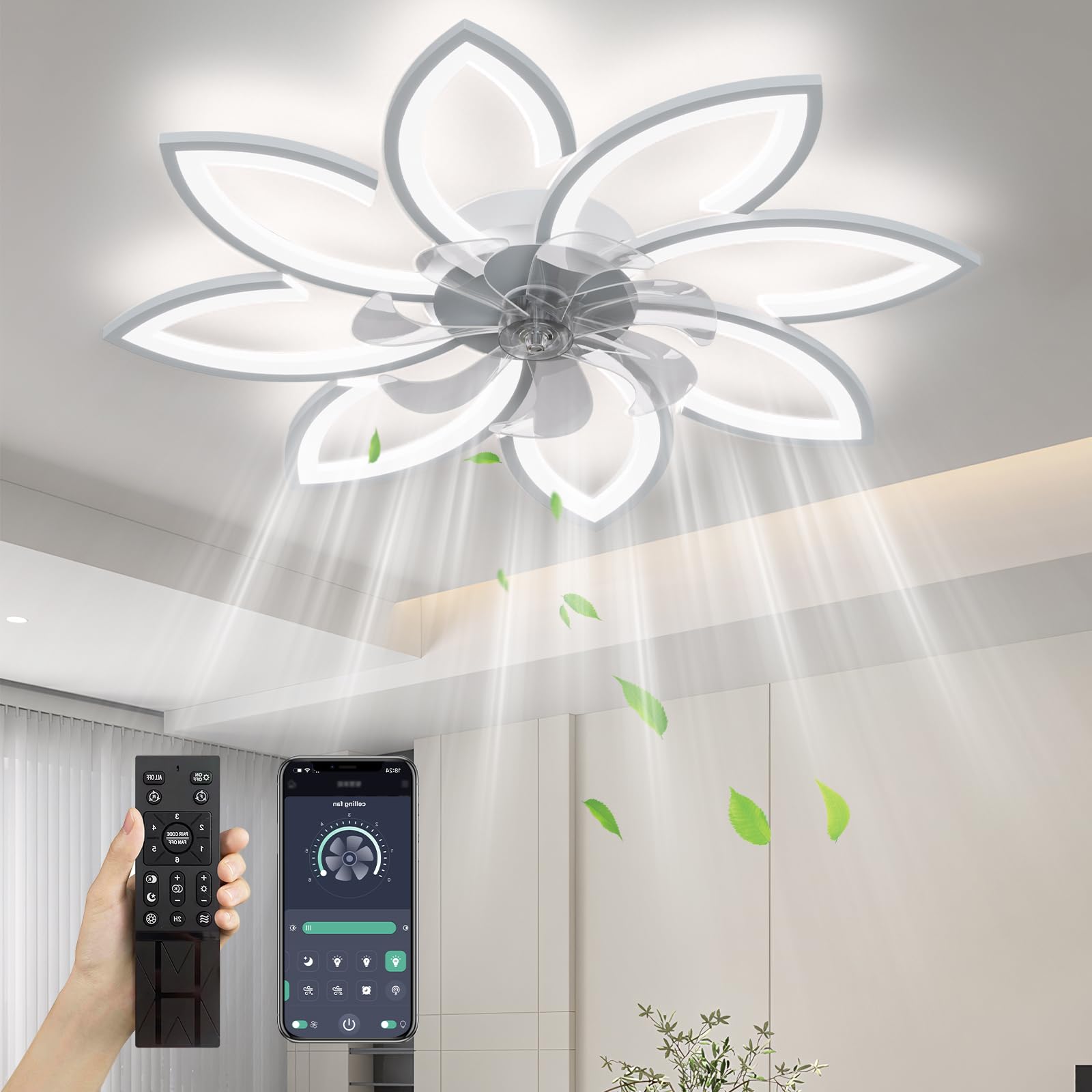 Photo 1 of SPEVCH 35" Ceiling Fans With Lights and Remote, Modern Ceiling Fan With Light, 6 Speeds 3 Light Color Low Profile Ceiling Fan With Light For Bedroom Living Room (White)