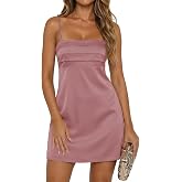 Wenrine Womens Satin Mini Dress Spaghetti Strap Summer Evening Party Dress | Silk, Sleeveless, Pleated, Short Summer Dresses, Cocktail, Dinner, Date Night, Going Out