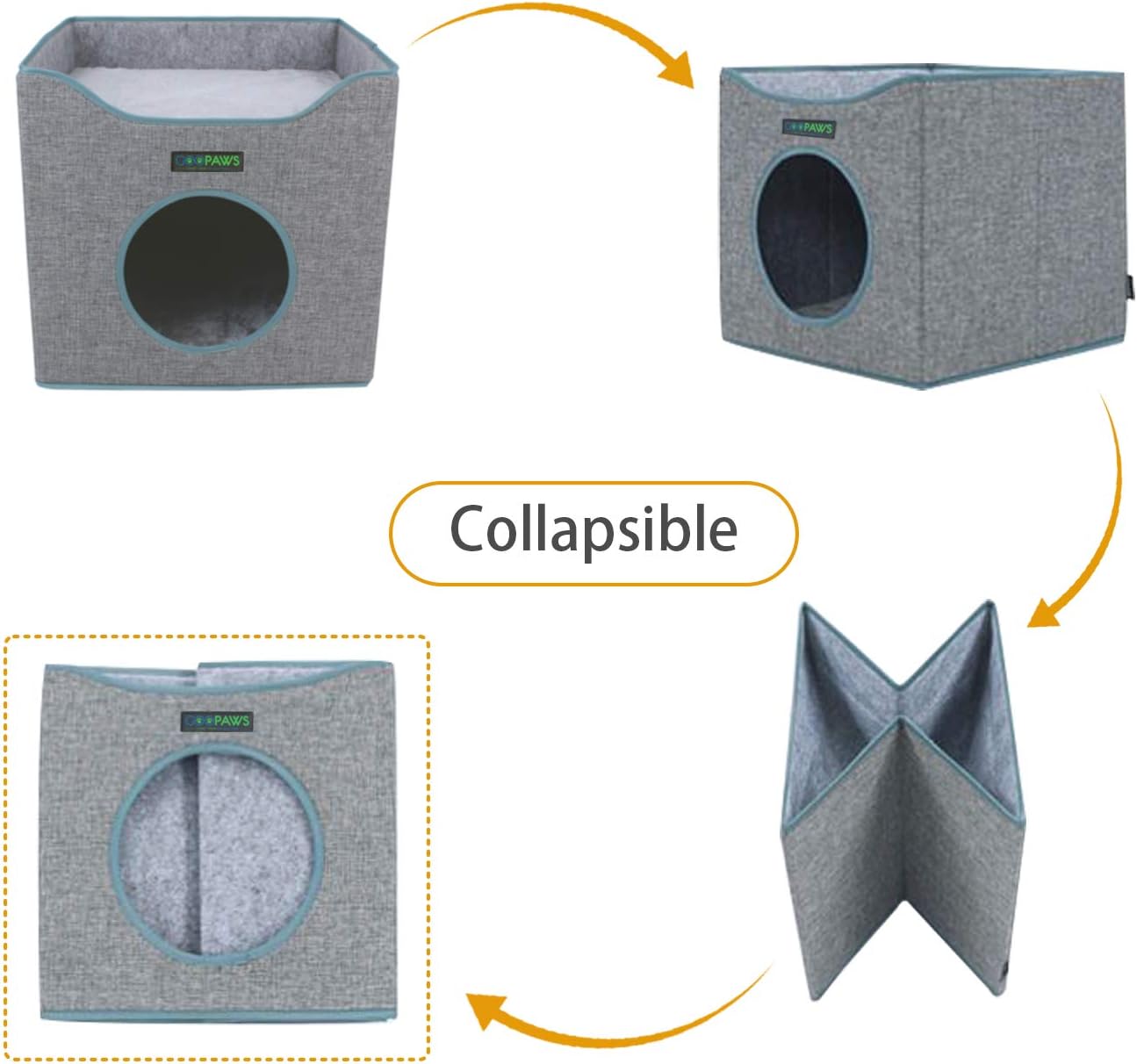 JESPET Foldable Cat Condo, Cat Cube House & Sleeper Bed with Lying Surface 2 Reversible Cushions, Cat Hiding Place, Cat Cave, Linenette Fabric, Felt and Engineered Wood, Scratch Resistant, Smoke Gray : Pet Supplies