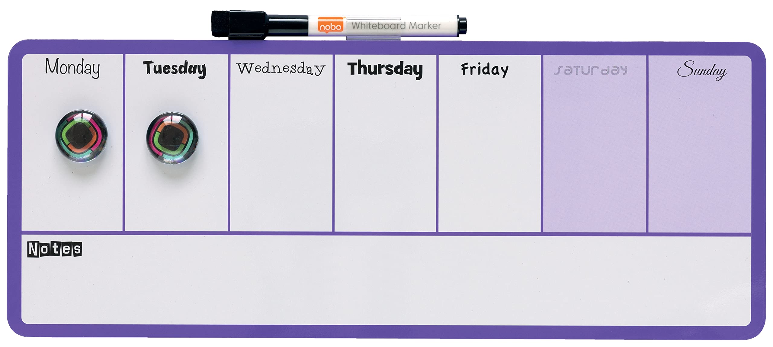 Nobo Mini Magnetic Whiteboard Weekly Planner, Dry Wipe, Wall Mountable, 2 Tone Design, Integrated Pen Clip, Includes Pen & Magnets, 360 x 140 mm, Purple, 1904048