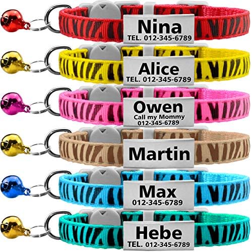 Vcalabashor Custom Cat Collars with Jingle Bell/Stainless Steel No Noise Slide-On Tags On Collar/3 Lines Personalized Text