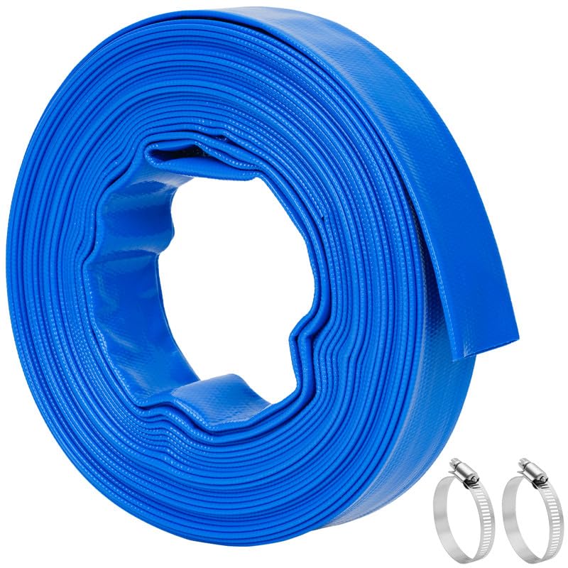 Photo 1 of 1.5 IN x 50 FT Pool Backwash Hose - Heavy Duty Reinforced Flat PVC Sump Pump Hose for Swimming Pools Pump Discharge & Filter Drainage,Weather and Burst Resistant with Clamp (Blue)
