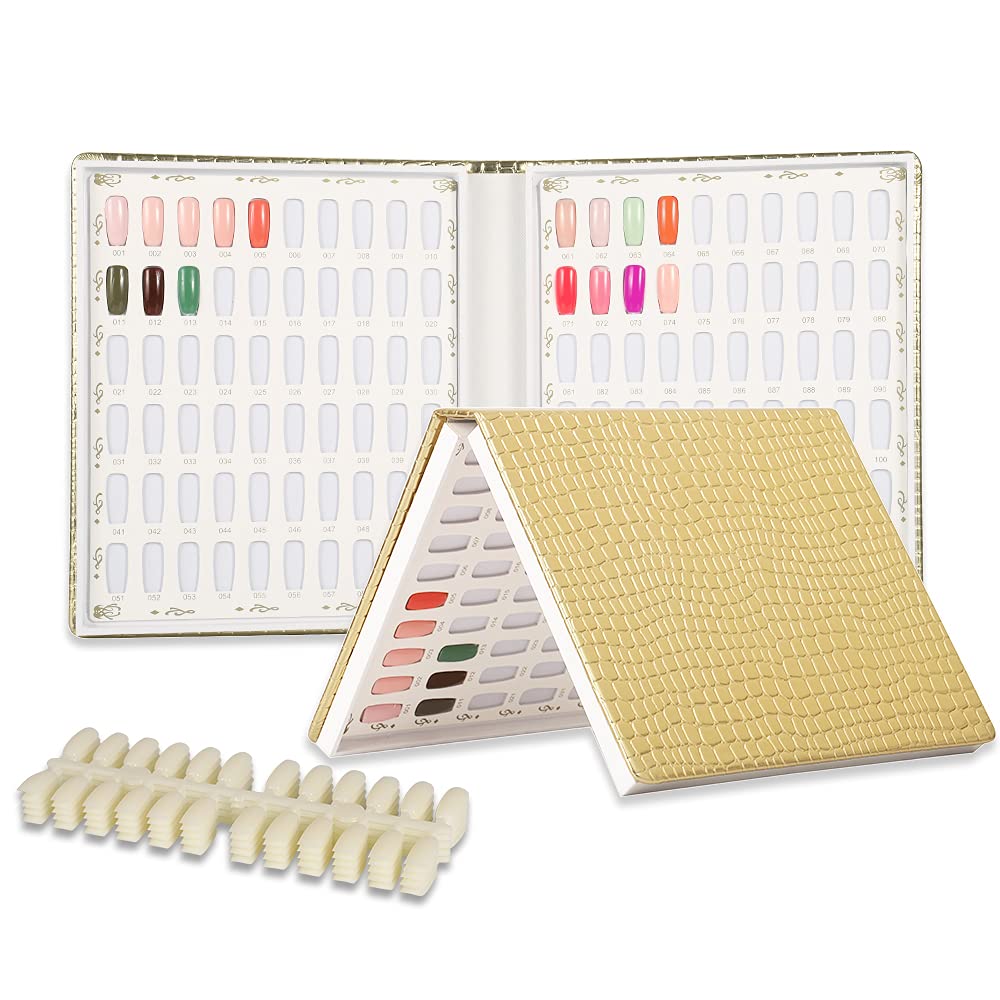 BNG Nail Colour Display Book Professional Nail Gel Polish 120 Colors Display Card, Gold Leather Book Nail Color Chart, Nail Art Salon Design Display Booklet 120 Pcs False Nails Tips