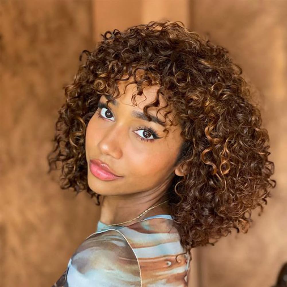 DÉBUT Human Hair Wig - Short Curly Bob With Bangs, Jerry Curl Bob For Black Women - 150% Density, Non Lace Front, Glueless (10 Inches, P4/30/27)