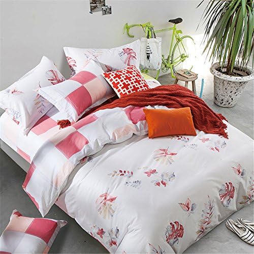 Coral Seashell Pattern Duvet Cover Set Without Comforter 4-Piece 800T Pure CottonFull Size Queen Size^^^Red Leaf White Base