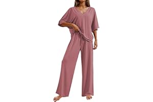 Ekouaer Pajama Sets for Women 2 Piece Lounge Set Short Sleeve Tops and Long Pants Soft Comfy Pjs Sleepwear Outfits S-XXL