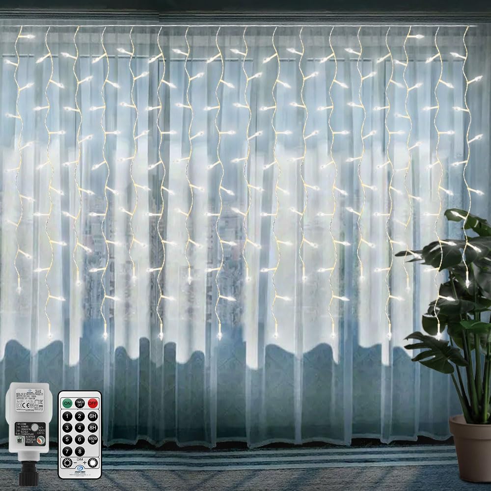 CORST 6M x1M Christmas Icicle Lights Outdoor Hanging Window Lights Plug in,Diamond 300LED Backdrop Curtain Light for Roof,Eaves Icicle Light,Waterproof,Connectable,Remote for House Xmas(White) — image 1