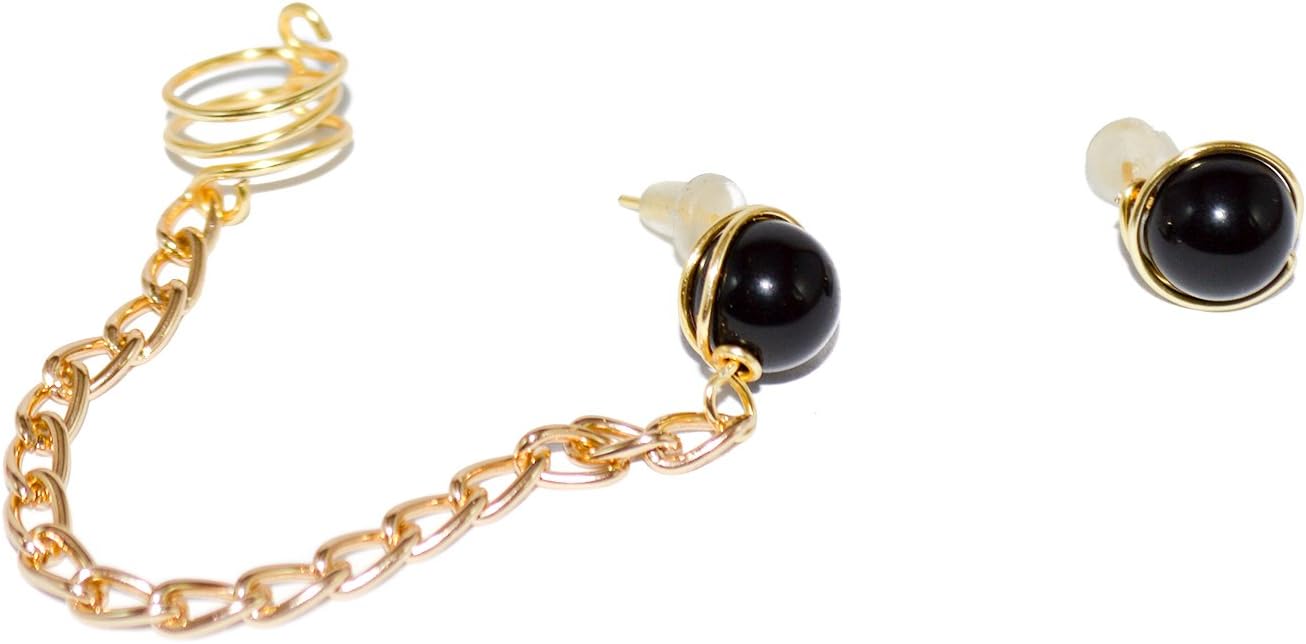 Handmade Ear Cuff Chain Clip Wrap Stud 14k Gold Filled Earring with Onix stone