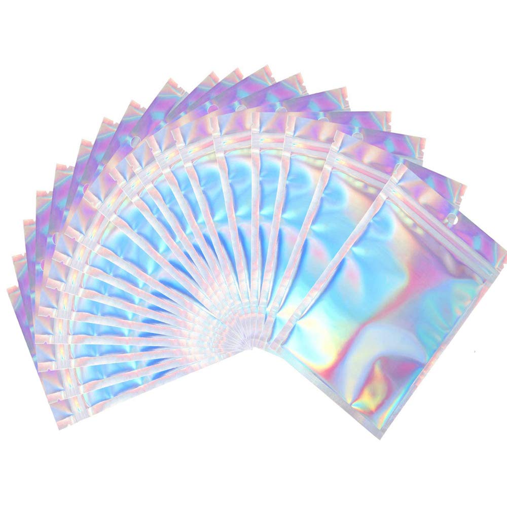 xutong 100 Pieces Mylar Ziplock Bags， Resealable Smell Proof Bags Foil Pouch Bag Flat Ziplock Bag for Party Favor Food Storage- Holographic Color 7.5 x 12 cm