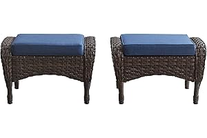 Belord Outdoor Ottomans for Patio Foot Rest - 25 Inch PE Wicker Foot Stool Set of 2 with Removable Cushions for Patio Furniture Sets,All Weather Rattan Ottoman for Balcony Deck Backyard Brown
