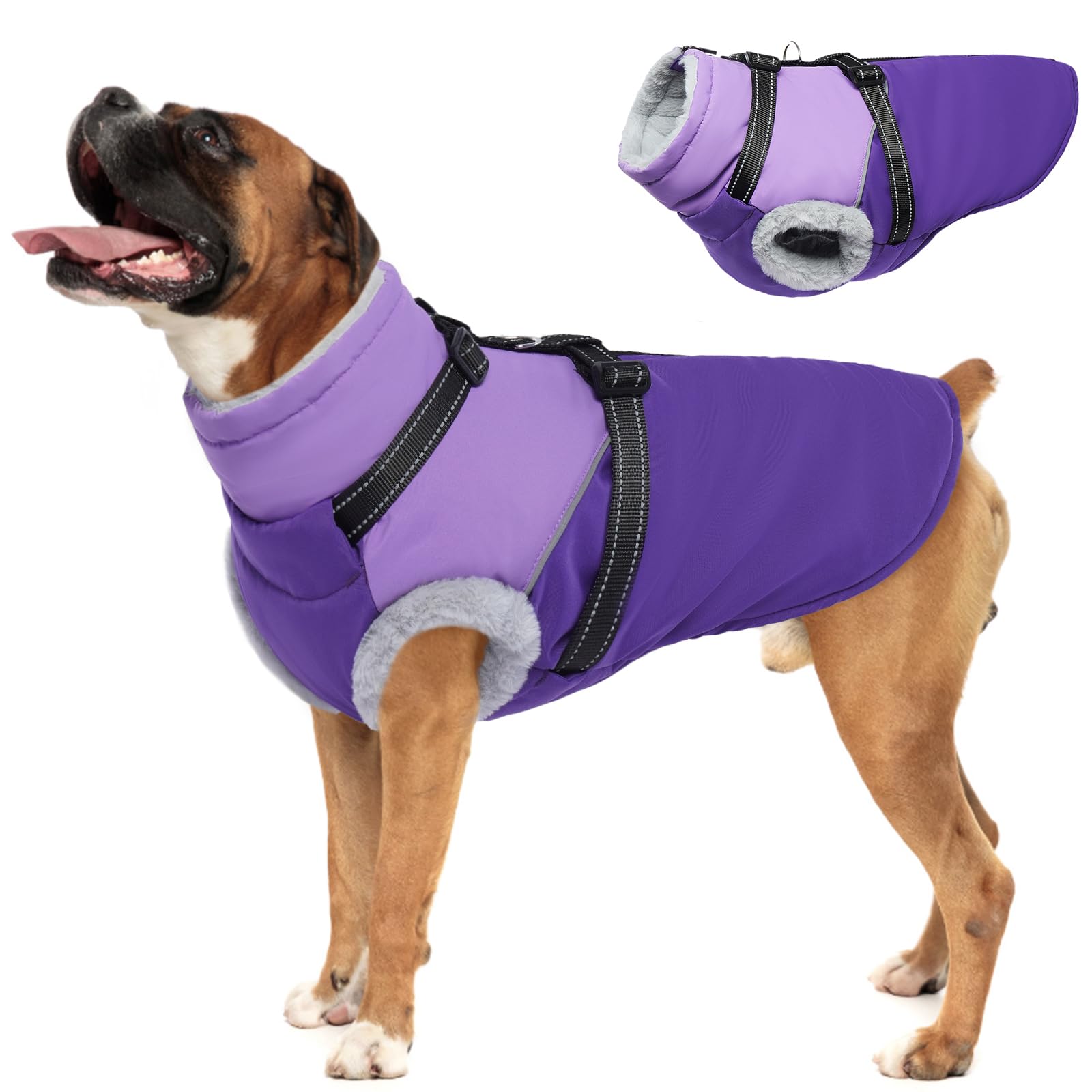 OUOBOB Dog Jacket with Harness, Warm & Waterproof, Fleece Lined Puffer Jacket for Large Dogs, Snow Coat for Winter