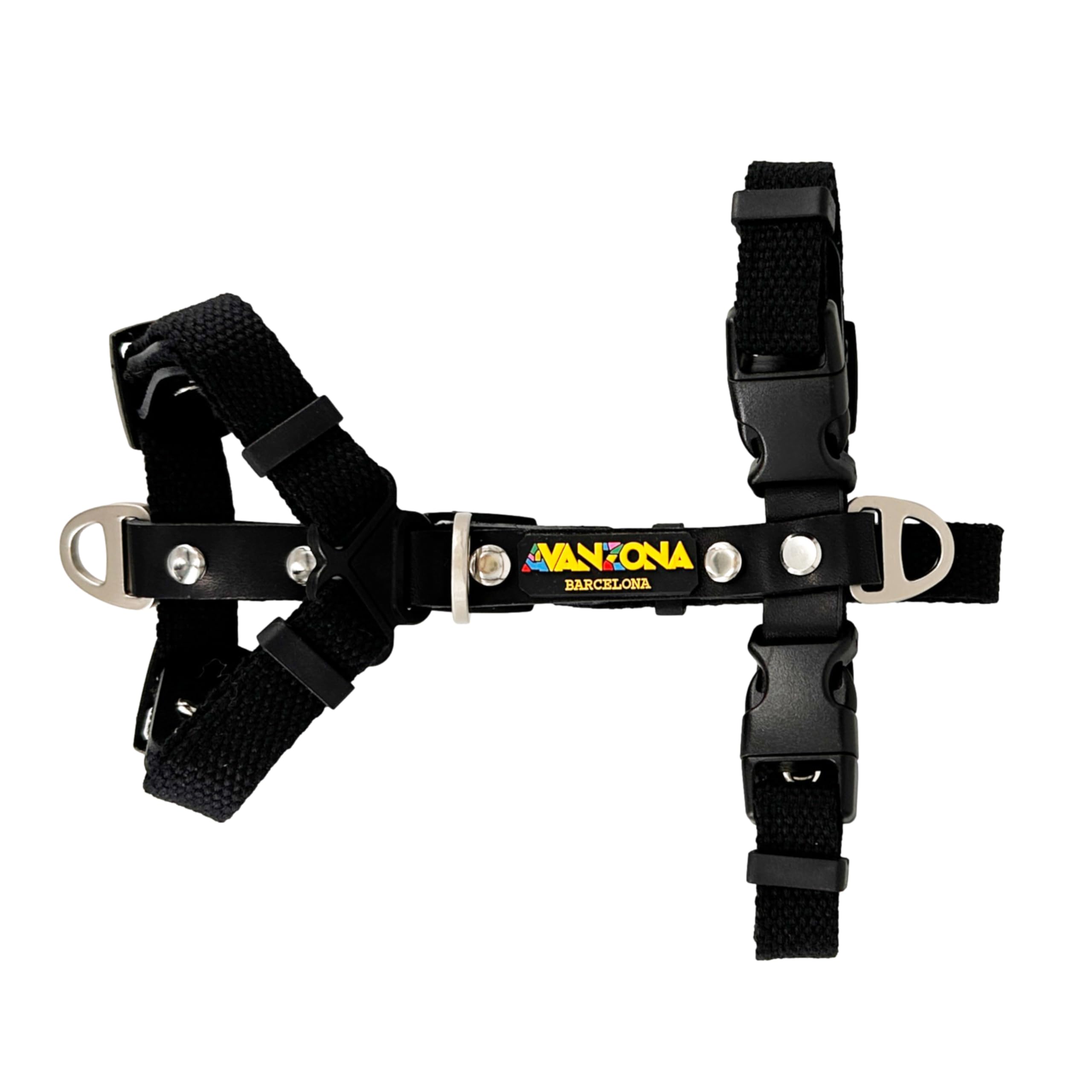 Handmade H-Style Dog Harness with Cotton-Polyester Webbing and Genuine Leather. Black & Black. XS.