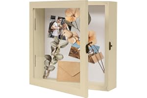 Muzilife 10x10 Shadow Box Picture Frame - 2.16" Interior Solid Wood & Glass Rectangle Display Case Ready to Hang Memory Box Baby Sports Memorabilia, Pins, Awards, Tickets, and Photos, Beige