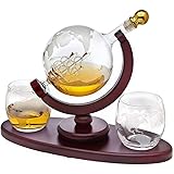 Whiskey Decanter Globe Set with 2 Etched Globe Whisky Glasses - for Liquor, Scotch, Bourbon, Vodka - 850ml