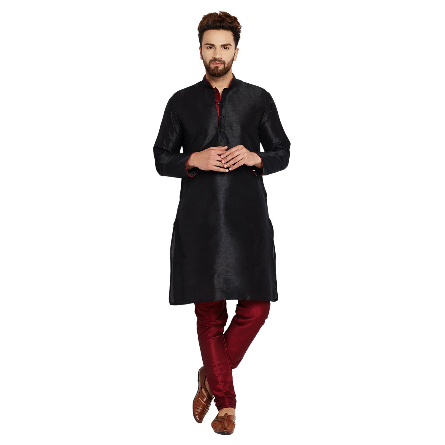 sojanya (since 1958) men's dupion silk kurta & churidaar pyjama with contrast detailing