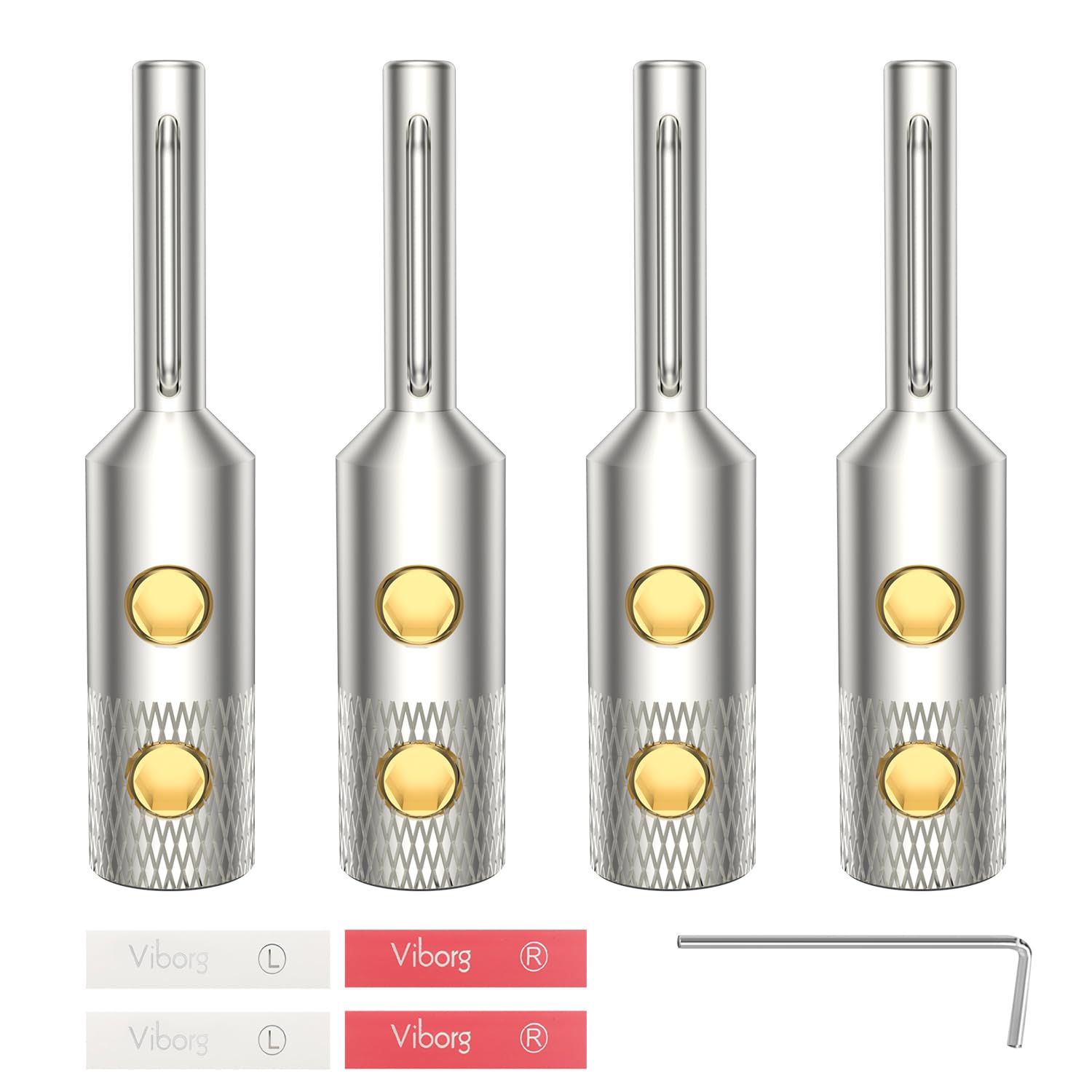 Viborg 4Pcs Pure Copper Silver Plated 5mm Banana Plugs Speaker Amplifier Cable Connector Screw Locking With Heatshrink+Wrench