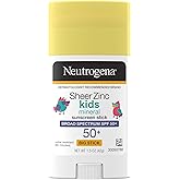 Neutrogena Sheer Zinc Oxide Kids Mineral Sunscreen Stick, Broad Spectrum SPF 50+ & UVA/UVB Protection & Water Resistant with Residue-Free, No-Mess Application, Oil- & Paraben-Free, 1.5 oz
