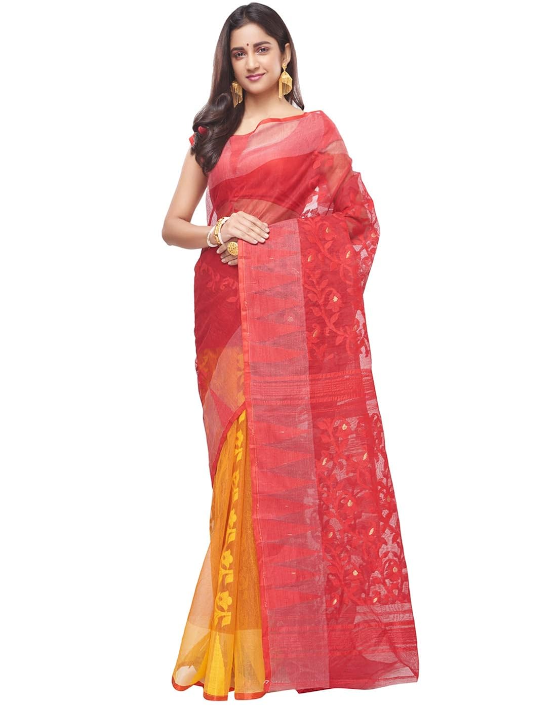 Buy Slice Of Bengal Light Weight Handloom Cotton Silk Half Half Dhakai Jamdani Saree Sari For Women Red At Amazon In