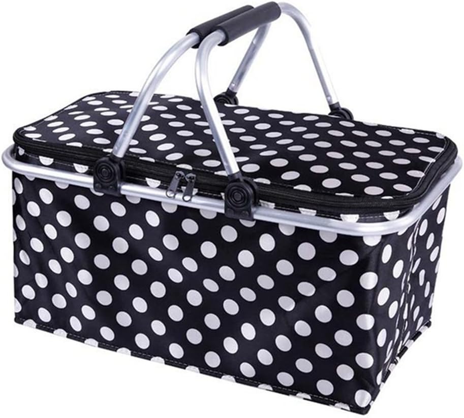EBRICKON Insulated Picnic Basket Storage Basket Aluminum Frame Folding Picnic Baskets Foldable Shopping Cooler Basket 46x28x24cm Black