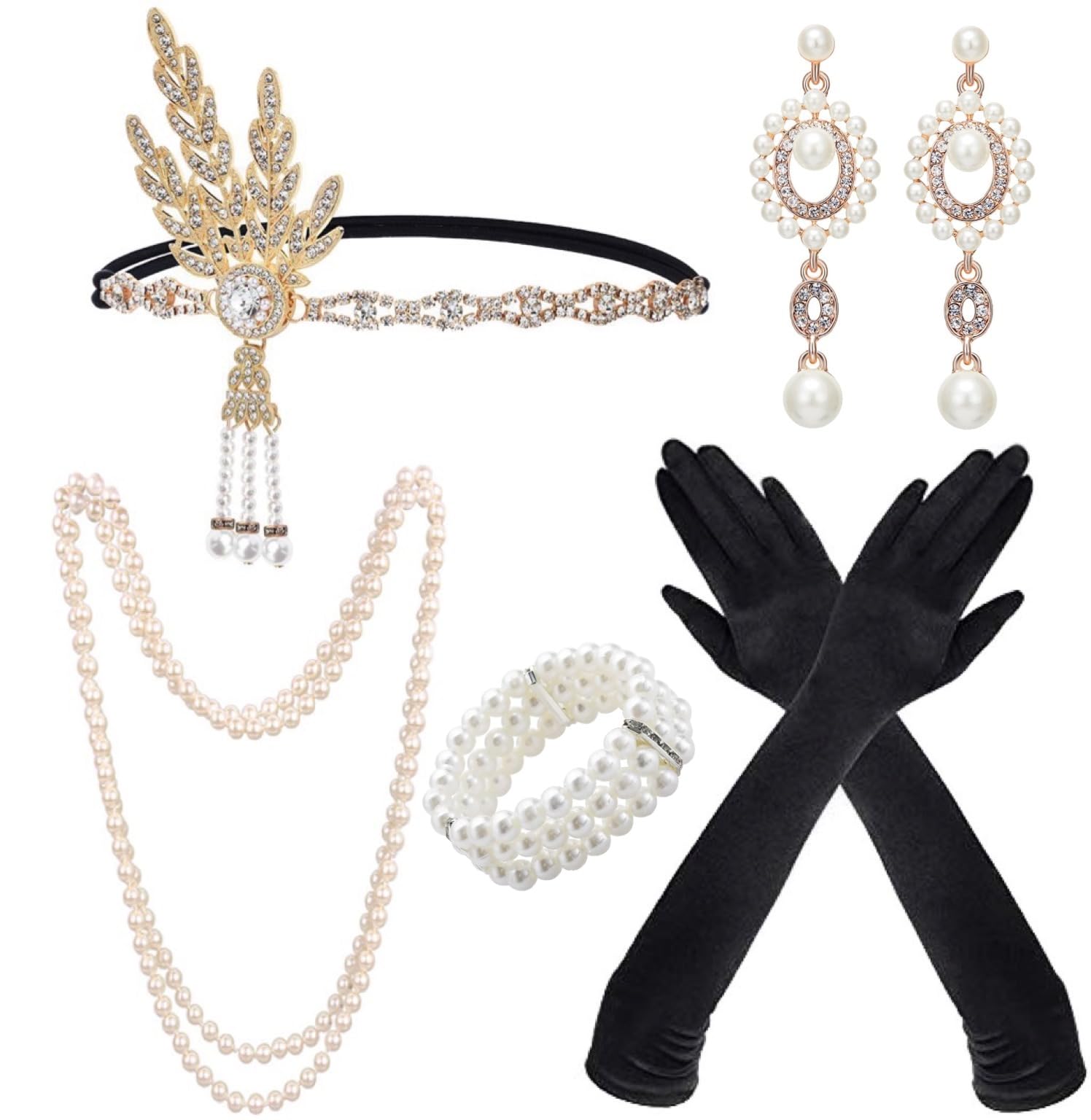 Meiruier 1920 Accessories Set, 1920s Fashion Headband Holder Long Gloves Pearl Necklace Great Gatsby Accessories for Women,Ladies Charleston Fancy Set (style 3)