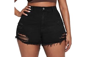 MapleHub Plus Size Denim Shorts Women High Waisted Ripped Folded Hem Jean Shorts