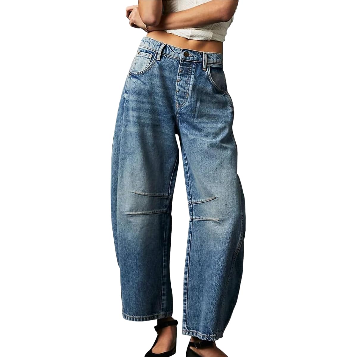 Photo 1 of **MISSING BUTTON**
KT Women's Barrel Jeans Wide Leg Mid Rise Denim Ankle Pants Y2k Baggy Boyfriend Jeans with Pockets (Large,Navy)