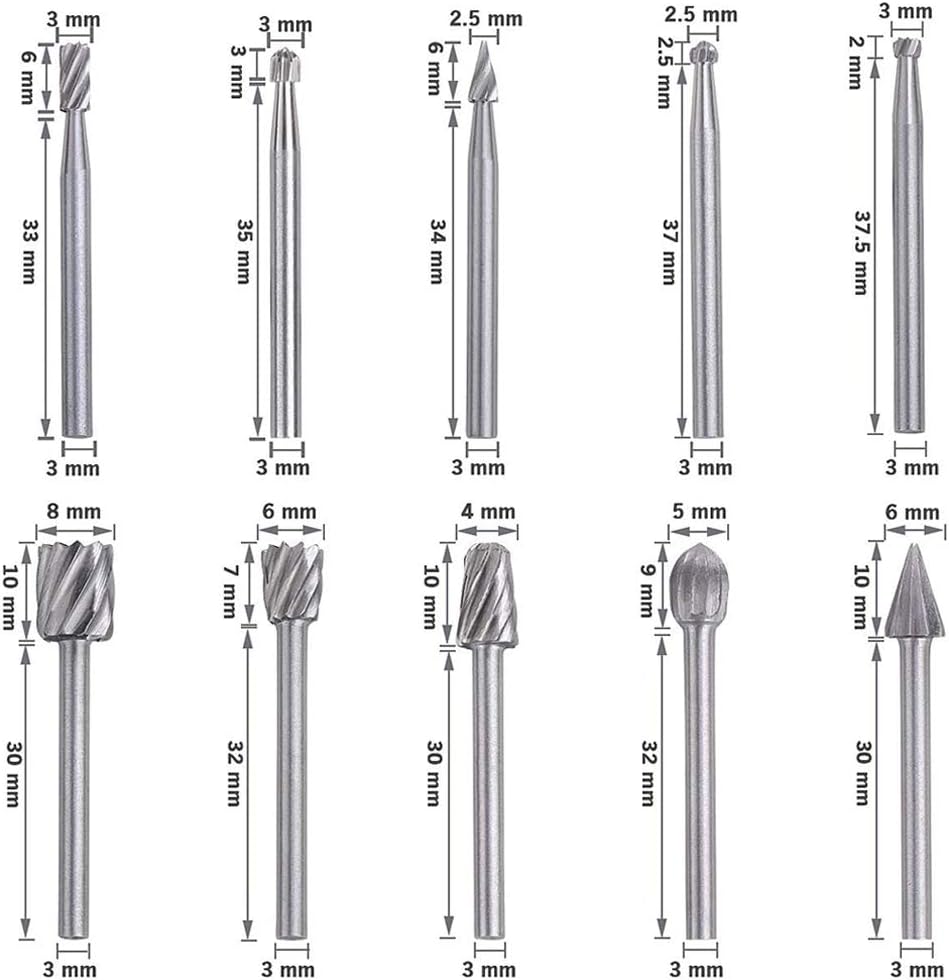 Saipor 5pcs 1/4" Shank Rotary Rasp File Burr Set Woodworking Chisel Shaped Rotating Embossed Grinding Head and 10pcs 1/8" Shank HSS Routing Router Bits Burr Wood Carving Drill Bits Set - Image 3