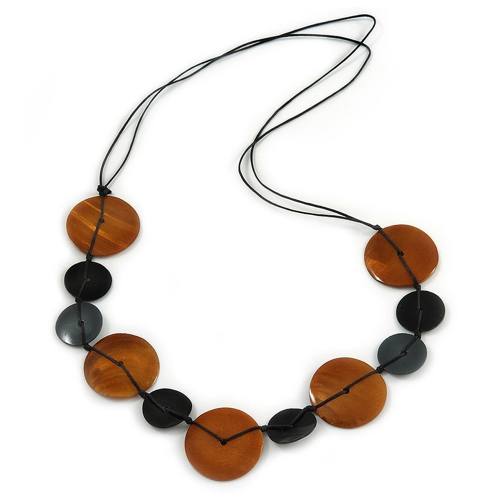 Avalaya Brown/Black Coin Shape Shell Bead Cord Necklace - 76cm L