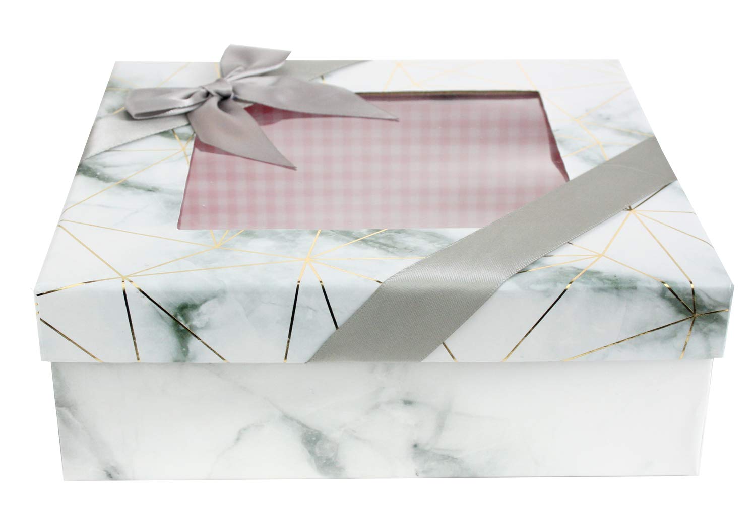 Emartbuy Rigid Square Luxury Presentation Gift Box, 17.5 cm x 17.5 cm x 6.5 cm, White Marble Effect with Gold Origami Lines, Pink Chequered Interior, Clear Top and Satin Bow Ribbon