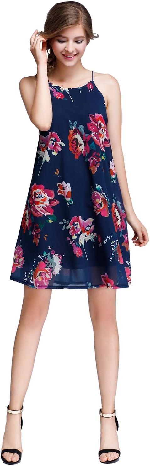 SVALIY Women Halter Neck Sleeveless Floral Chiffon Casual Short Party Dresses