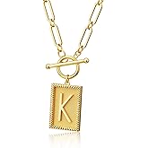 Gold Initial Necklaces for Women, Toggle Clasp Square Letter Pendant Necklace Trendy 14K Gold Plated Dainty Paperclip Chain Necklaces for Women Jewelry Gifts