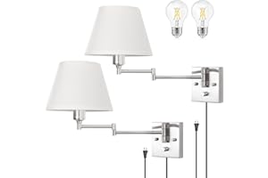 TRLIFE Wall Sconce Plug in, Dimmable Wall Sconces Set of 2 Brushed Nickel Swing Arm Wall Lights with Plug in Cord and On/Off Dimmer Rotary Switch, 9.4" Medium White Fabric Shade(2 Pack, 2 Bulbs)