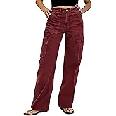 Flamingals Straight Leg Pants for Women Mid Rise Casual Vintage Patch Pockets Solid Pants