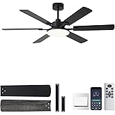 NKPU 56 Inch Ceiling Fans with Lights, Modern Black Ceiling Fan with Light and Remote Control, 6 Double Sided Blades, 6 Speed Reversible Motor, Dimmable LED, Silent Timing, Indoor Outdoor Patio Use