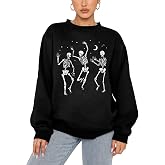 Women's Halloween Dancing Skeleton Sweatshirt Spooky Season Pullover Top | Lightweight, Cute Skull Printed, Long Sleeve Shirt, Crewneck, Oversized Top, Funny Halloween Sweater, Fall Graphic Sweatshirt